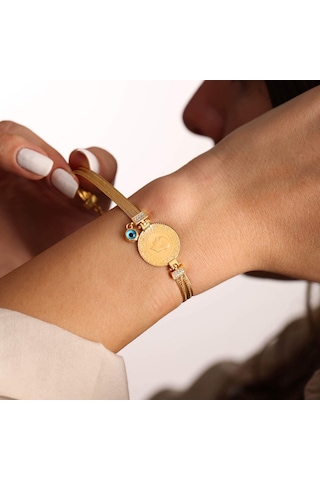 Çeyrek Altın Hasır Bileklik El Yapımı Nazar Boncuklu