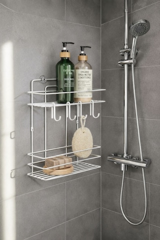 Sas Haus Lüks Beyaz Metal 2 Katlı Banyo Rafı Şampuanlık Ve Duş Rafı Askılı Yapışkanlı Duvara Monte Tş-02 beyaz
