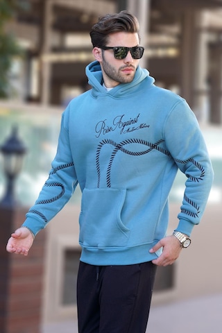 Madmext Mavi Baskılı Kapşonlu Cep Detaylı Erkek Sweatshirt 7067 Mavi