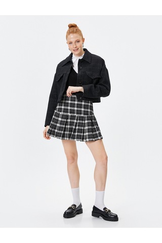 Koton Tüvit Pileli Mini Etek Slim Fit Siyah Ekose 4wal70034ıw Siyah Ekoseli Siyah