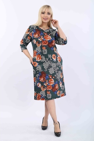 Desenli Cepli Büyük Beden Elbise 37C-2009 Yeşil