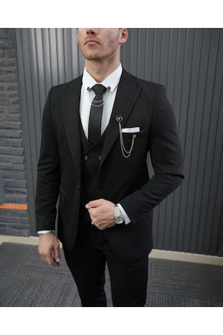 Beystil Sivri Yaka Siyah Takım Elbise Petek04 - Slim Fit Siyah