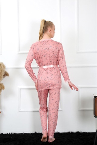 İbrahim Burak Etiler Collection Moda Çizgi Kadın 3'lü Gül Kurusu Sabahlık Pijama Takım 16103