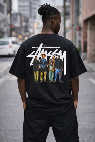 Unisex Stussy Man Sırt Baskılı Oversize Kalın Kumaş Bol Kalıp Unisex T-shirt Siyah