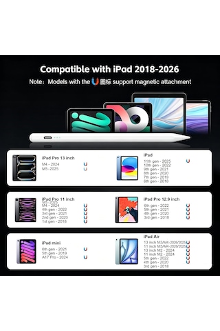 13mins Hızlı Şarj, Eğim Hassasiyeti İle Apple Uyumlu iPad 2026-2018 İçin Stylus Kalem Belirtilmemiş