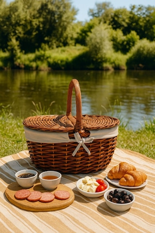 Krem Kumaş Detaylı Hasır Piknik Sepeti 40x30x19 Cm Kapaklı Termoform Sepet Brown