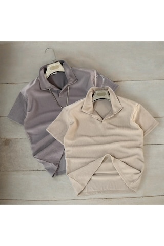 Fifty Color Alaçatı Stili Erkek Fitilli Ottoman Hava Alan Kumaş Polo Yaka T-shirt 2li Renk Bej - Taş Rengi