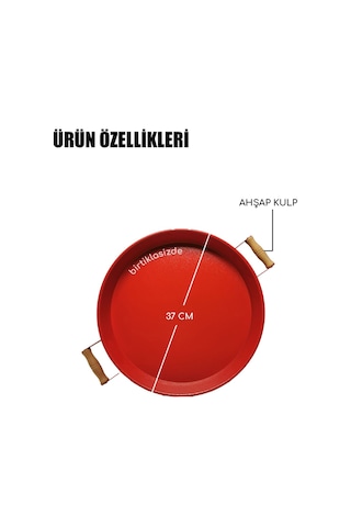 Kitchen Trend Galvaniz Yuvarlak 37 Cm Ahşap Kulplu Kırmızı Tepsi