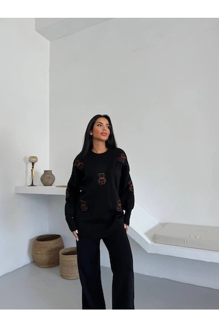 Maximodena Siyah Ayıcık Desenli Oversize Triko Takım - Siyah