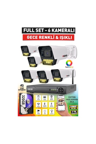 6 Kameralı 5mp Lensli Fullhd 1080p Renkli Gece Görüşlü Güvenlik Kamerası Seti 9 Led - 320gb