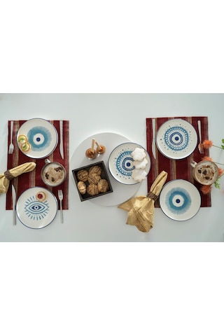 Kevin Seramik Nazar Boncuklu Hand Made 6 Parça Lüks Pasta Sunum Tabağı