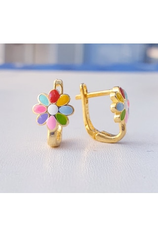 Rengarenk Mineli Klipsli Çiçekli Papatyalı Gümüş Çocuk Küpesi