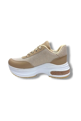 Modalendo 1511-26 Cilt Deri Simli Şeritli Anatomik Bağcıklı Kadın Sneaker Bej Beyaz
