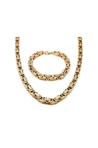 Gold Erkek Çelik Kral Zincir Kolye Bileklik Set 4mm Gold
