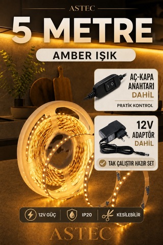 Astec Mutfak Dolabı Tezgah Üstü İçin 5 Metre Amber Renk 12v Adaptörlü Aç Kapa Anahtarlı Şerit Led Işık