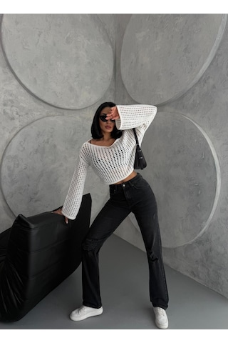 Kadın Straight Jean Yırtık Detaylı Ara Bel Boru Paça Kot Pantolon Füme Siyah+füme