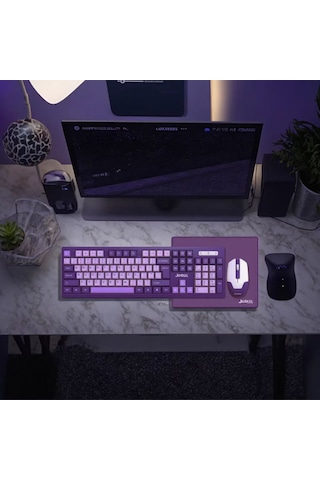 Mor & Pembe Klavye + Mouse + Mousepad Seti - Masaüstü Klavye Mouse Seti 2.4 Ghz Diğer