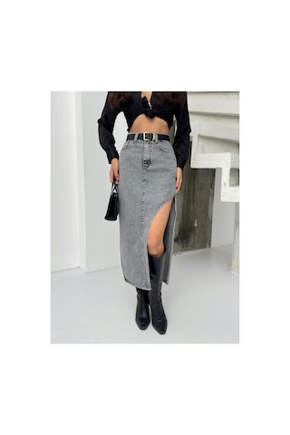 Kene Jeans Yüksek Bel Uzun Kar Siyah Ön Parçalı Asimetrik Kot Etek Kar Siyah