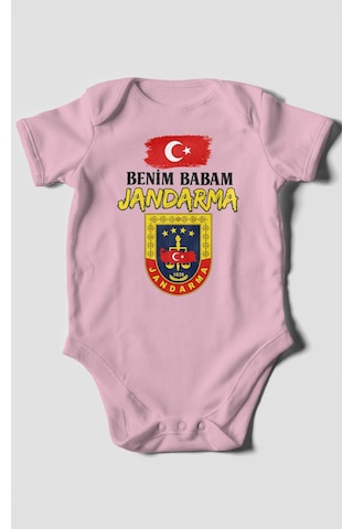 Morivokids Benim Babam Jandarma Kısa Kollu Bebek Body %100 Pamuk Koyu Pembe