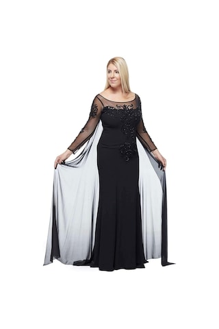 Moda Berray 8028 Uzun Kollu Arkası Şifon Kuyruklu Abiye Elbise Siyah Siyah