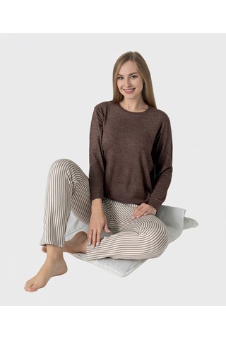 Kadın Viskon Mevsimlik Uzun Kol Cepli Pijama Takımı-üstü İnce Triko Alt Pijama Dar Kesim Jakar Kumaş Kahverengi