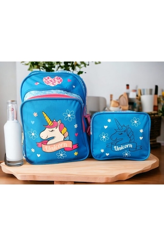Mavi Unicorn Baskılı İlkokul Çantası Ve Beslenme Çantası Çok Renkli