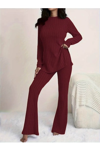 Kadın Uzun Kollu Yuvarlak Yaka Yandan Yırtmaç Detaylı Şardonlu Kaşkorse Bluz Ve Pantolon Ikili Takım Bordo