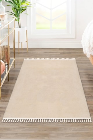 Valeryhome Vl Comfort Peluş Halı Beyaz Düz Saçaklı Bej Ponpon Saçak