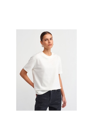 Dilvin Kadın 30312 Dekoratif Dikişli Bisiklet Yaka Tshirt Ekru -101a30312 Beyaz