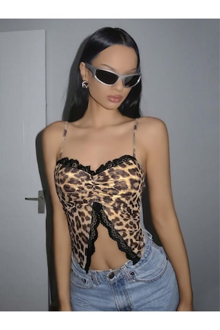 Kadın Leopar Desenli Crop Önden Dantel Detaylı 5095 Siyah
