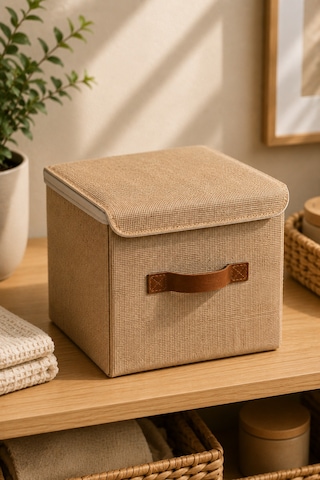 Kapaklı Jüt Saklama Kutusu 25x25x25 Cm Katlanabilir Dolap Düzenleyici Raf Organizer Doğal