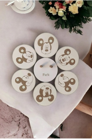 Ahşap Figürlü 6'lı Bardak Altlığı Lazer Kazıma 3mm - Mickey Mouse Ahşap - Beyaz