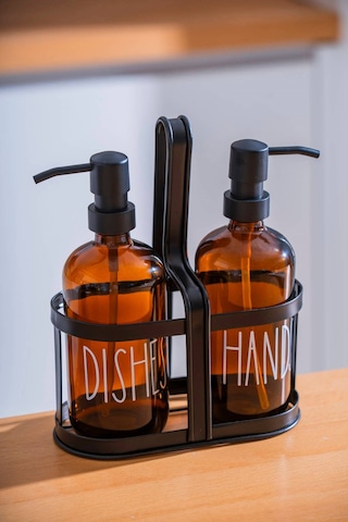Morponi Metal Stantlı 2'li Cam Sabunluk&deterjanlık Hands-dishes Amber 500 Ml + 500 Ml Amber