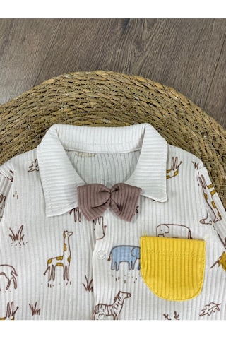 Bebicix Kaşkorse Esnek Papyonlu Animal Figürlü Patikli Çıtçıtlı Erkek Bebek Tulum Sütlü Kahve