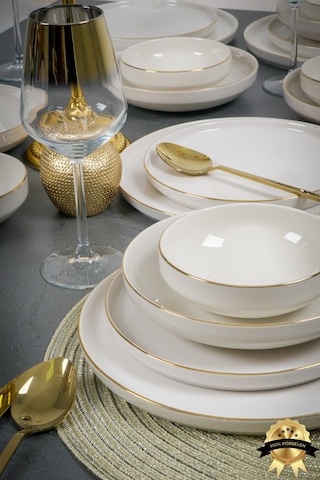Heda Porselen Rüya Altın Yaldız 24 Parça 6 Kişilik Porselen Yemek Takımı Kırık Beyaz Beyaz