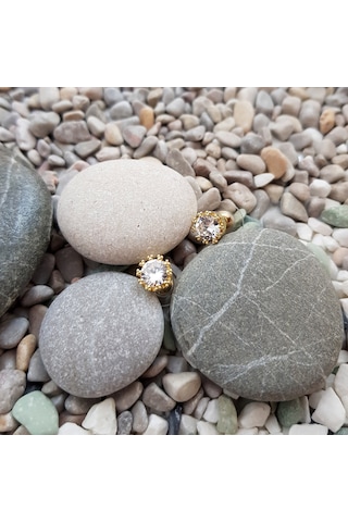 1 Carat Kral Tacı Motifli Gold Tek Taş Bayan Küpe Df09Sr Altın