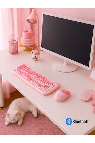 NDNeed ND-CAT100DUAL Sevimli Kedi Kablosuz Q Klavye Mouse Set