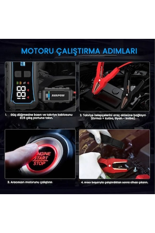 Avapow E5 Pro 12000MAH 2000A Jump Starter Taşınabilir Akü Takviye Kiti (Powerbank + LCD + LED Işık)