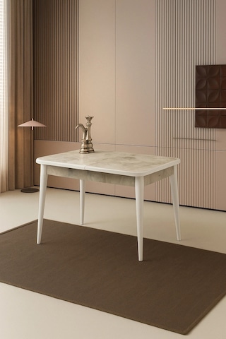 Rambla Ortadan Açılır Büyüyen Yemek Masası Mermer Desenli 90x160cm Beyaz