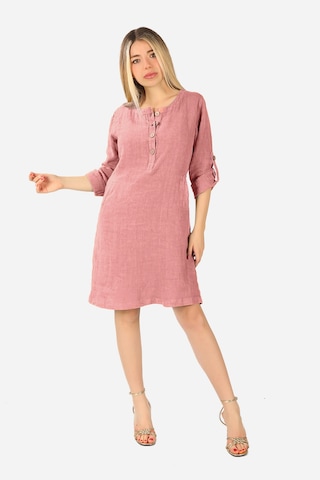 Keten Midi Elbise Pembe