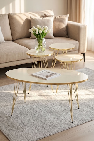 Northcity Zigon Sehpa Ve Orta Sehpa Elips Set Gold Krem Tel Altın - Krem