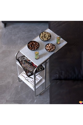 Modilayn C Yan Sehpa Dar Boy Tekerlekli Çalışma, Atıştırmalık, Yemek, Laptop Sehpası Beyaz Desenli Beyaz