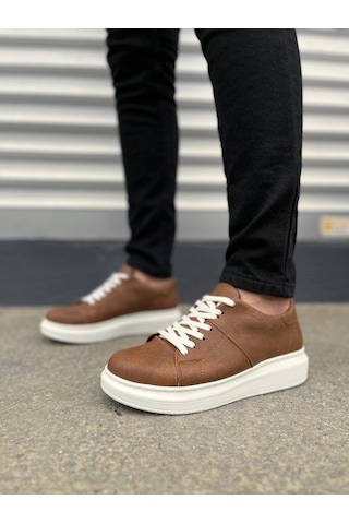 Mevese Tsoob Bağcıklı Cilt Erkek Günlük Rahat Taban Sneaker Ayakkabı - Taba Beyaz Taba - Beyaz
