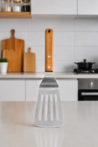 2 Adet Japon Spatula Seti - Delikli Ve Bıçaklı - Profesyonel 304 Kalite - Ahşap Akasya Saplı - Dekoratif Paslanmaz Çelik