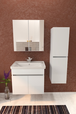 Makbulce Tokyo Havlu Dolaplı 65cm Seramik Lavabolu Mdf Aynalı Banyo Dolabı Beyaz