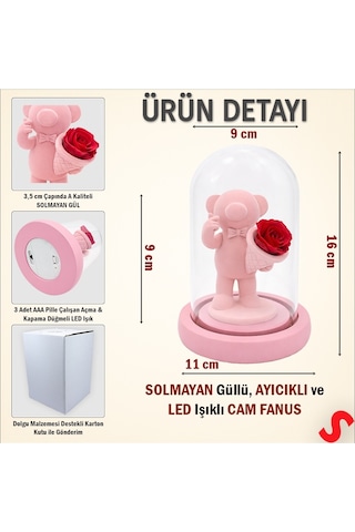Solmayan Güllü Ayıcıklı Led Işıklı Cam Fanus - Pembe