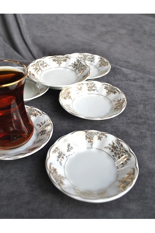 6 Adet Porselen Çay Tabağı Altın Yaldızlı Çay Tabak - Myra Gold
