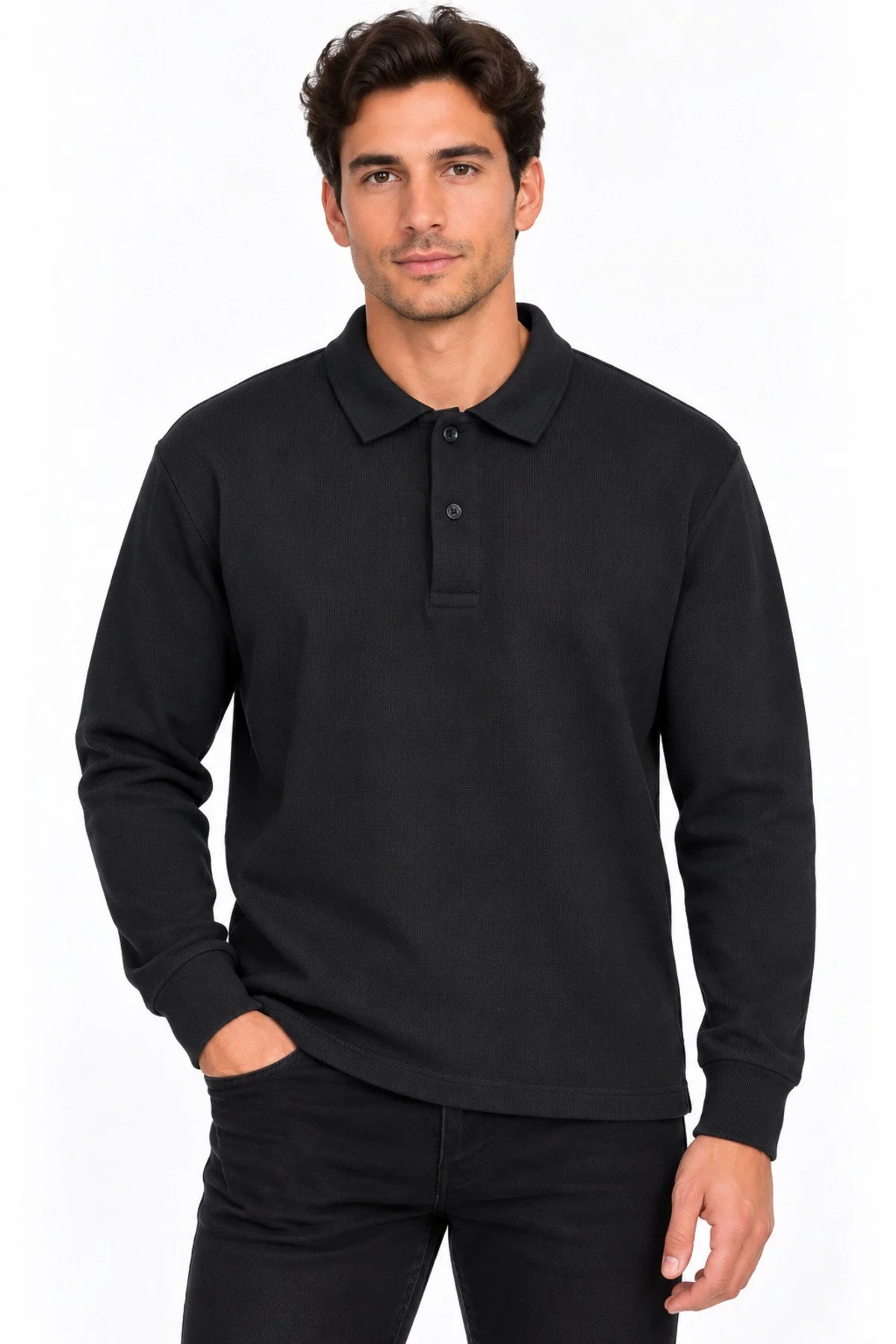 Neco Giyim Erkek Polo Yaka Regular Fit Klasik Kesim Selanik Kumaş Kazak Sweatshirt Şık Günlük Basic Üst Giyim Siyah