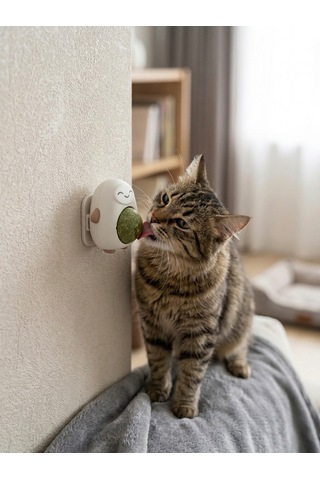 Kahverengi Sevimli Figürlü Dönen Kedi Nanesi Topu - Doğal Catnip Duvara Yapışan Kedi Oyuncağı