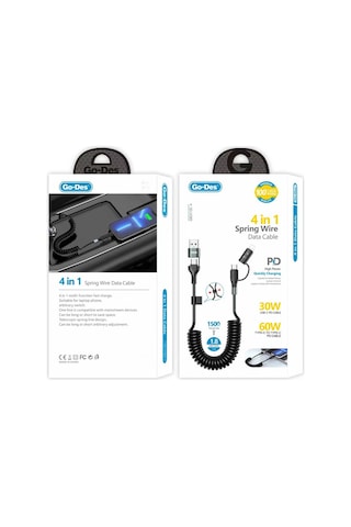 Go-Des GD-UC805 4in1 60W  1.8 M Type-C+USB-A To Type-C+Lightning Sarmal PD Şarj ve Data Kablosu Siyah